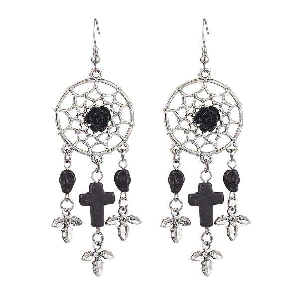 

PandaHall Woven Web/Net with Cross & Skull Synthetic Turquoise Dangle Earrings, Halloween Alloy & Brass Earrings for Women, Black, 88x29mm...