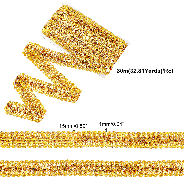 

PandaHall Sparkle Style Purl Polyester Ribbons, Sequin, Gold, 1-3/8 inch(36mm), about 14.22 Yards(13m)/Card Polyester None Gold