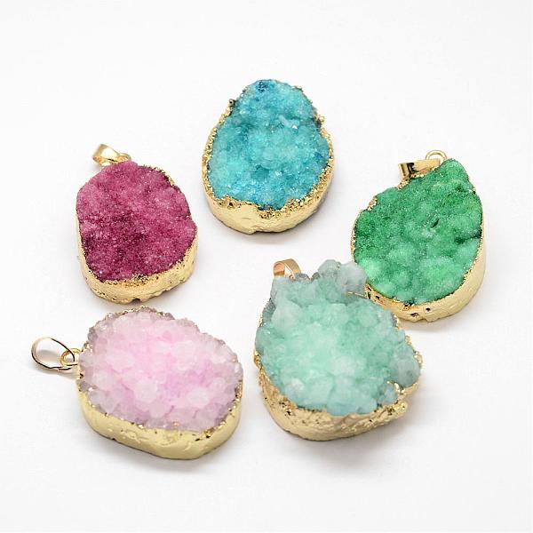 

PandaHall Electroplated Natural & Dyed Druzy Agate Pendants, with Golden Plated Brass Findings, Mixed Color, 39~75x25~50x10~20mm, Hole..., Multicolor