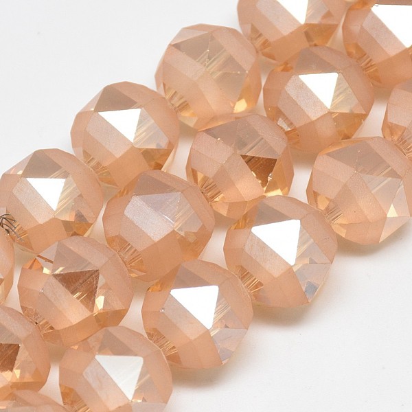 

PandaHall Electroplate Glass Beads Strands, Rainbow Plated, Frosted, Faceted, Round, Light Salmon, 15~16x15mm, Hole: 2mm, about 40pcs/strand..., Red