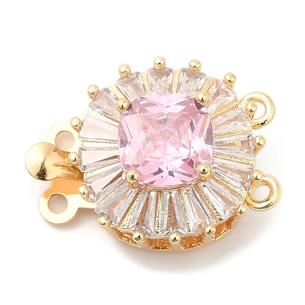

PandaHall Brass Micro Pave Clear Cubic Zirconia Box Clasps, 2-Strand, 4-Hole, with Pink Glass Rhinestone, Round, 14.5x17x9mm, Hole: 1.2mm...