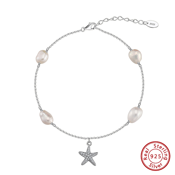 

PandaHall 925 Sterling Silver Cable Chain Anklet, Natural Freshwater Pearls, Micro Pave Grade 4A Cubic Zirconia Star Charm, Real Platinum..., Clear