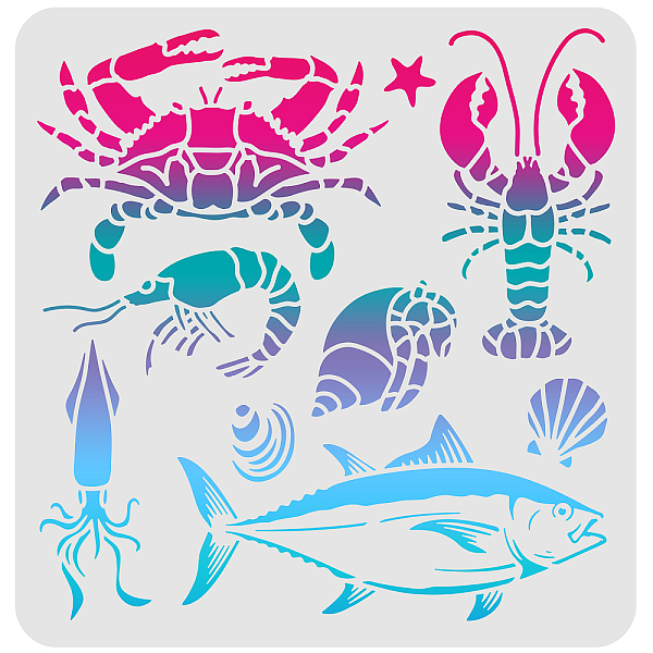 PandaHall FINGERINSPIRE Sea Animal Stencil 30x30cm Fish/Shrimp/Crab/Octopus/Conch/Shells Drawing Stencil Sea Creatures Stencil for Painting...