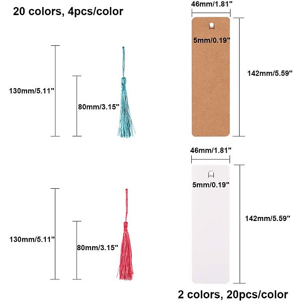 

PandaHall DIY Bookmark Making, Paper Blank Kraft Card and Tassel Decorations, Mixed Color, 142~145x46~47x0.3~0.4mm, Hole: 5mm, 40pcs/set..., Multicolor