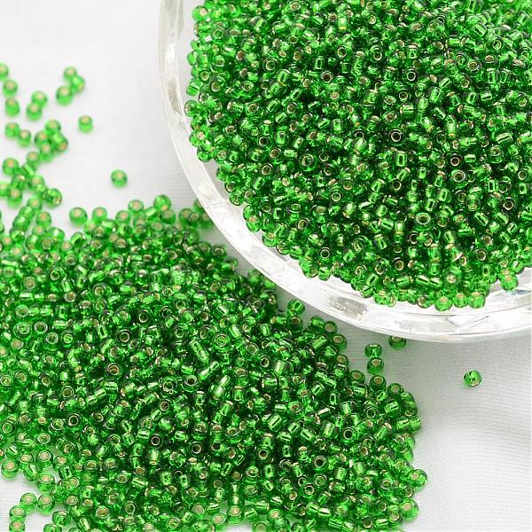 

PandaHall 12/0 Transparent Glass Round Seed Beads, Grade A, Silver Lined, Green, 1.8~2.0mm, Hole: 0.8mm, about 28000pcs/pound Glass Green