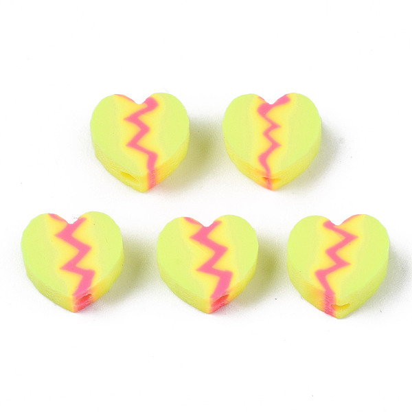 PandaHall Handmade Polymer Clay Beads, for DIY Jewelry Crafts Supplies, Heart, Yellow Green, 8x9~9.5x4~4.5mm, Hole: 1.8mm Polymer Clay Heart