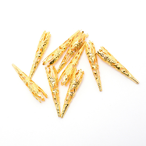 

PandaHall Iron Filigree Bead Caps, Cone, Golden, 41.5x7.5mm, Hole: 1.2mm, Inner Size: 7.5mm, 27pcs/bag Iron