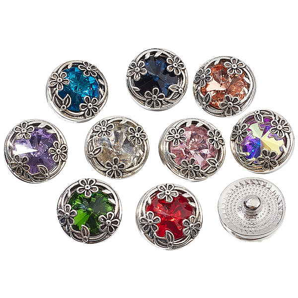 DELORIGIN 1Set Alloy Snap Button, with Glass, Jewelry Buttons, Antique Silver, Flat Round, Mixed Color, 20x11mm, 10pcs/set