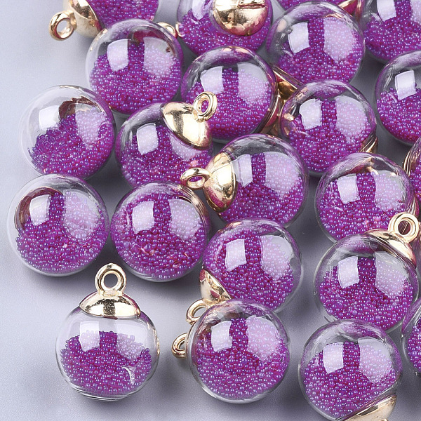 

PandaHall Glass Ball Pendants, with Micro Beads and CCB Plastic Findings, Round, Medium Violet Red, 21x15.5~16mm, Hole: 2mm Glass Round