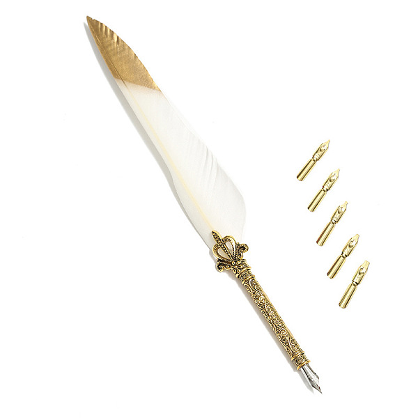 

PandaHall Feather Dipped Pen, with Alloy Pen Tip & Replacement Tips, for Teacher's Day, White, 285x45mm Feather Feather White