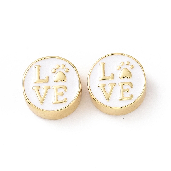

PandaHall Brass Enamel Beads, Cadmium Free & Lead Free, Long-Lasting Plated, Real 18K Gold Plated, Flat Round with Word Love & Cat Paw..., White