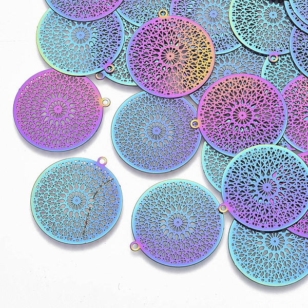 

PandaHall Ion Plating(IP) 201 Stainless Steel Filigree Pendants, Etched Metal Embellishments, Kaleidoscope, Rainbow Color, 28x26x0.3mm, Hole...