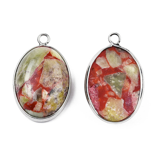 

PandaHall Assembled Peridot and Rose Quartz Pendants, with Brass Findings, Oval, Platinum, 31x20x8mm, Hole: 2mm Synthetic Gemstone Oval