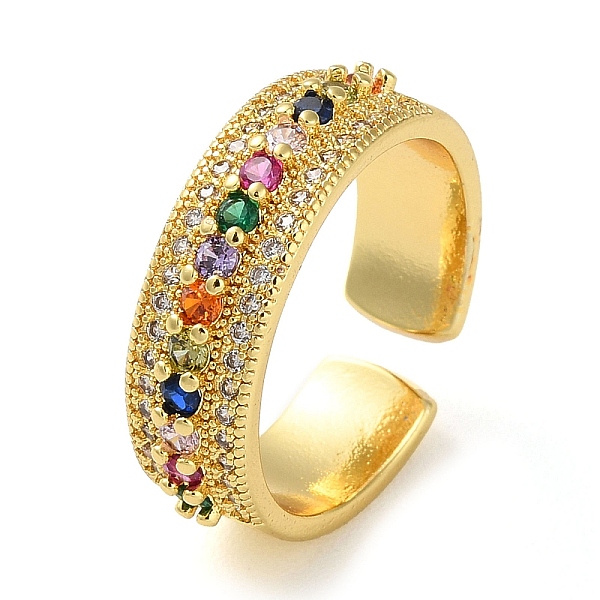 

PandaHall Rack Plating Brass Micro Pave Cubic Zirconia Open Cuff Rings, Real 18K Gold Plated, Colorful, Adjustable Brass+Cubic Zirconia