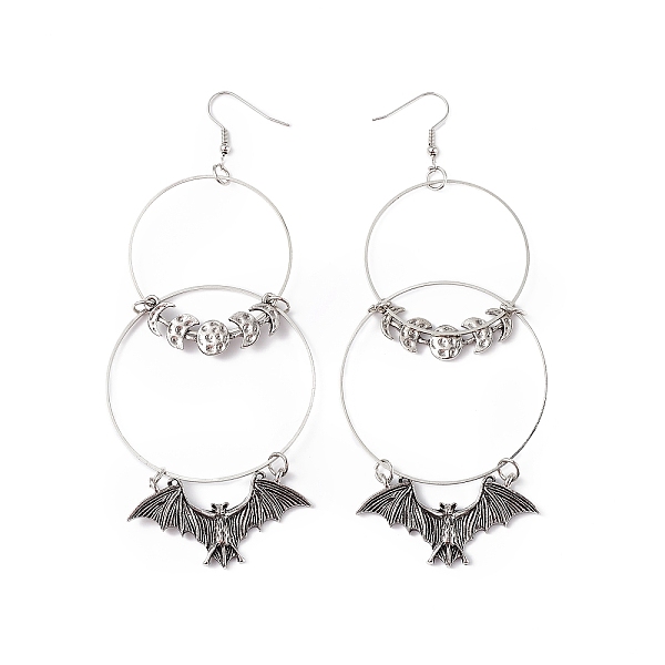 

PandaHall Bat with Moon Phase Alloy Dangle Earrings, Iron Halloween Jewelry for Women, Antique Silver, 120mm, Pin: 0.6mm Alloy