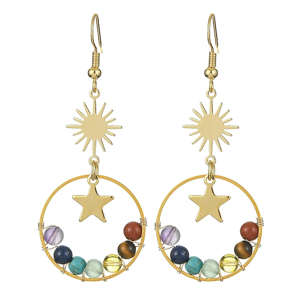 

PandaHall Natural & Synthetic Mixed Gemstone Beaded Dangle Earrings, Golden 304 Stainless Steel Star & Sun Long Drop Earrings, 62x25mm Mixed...