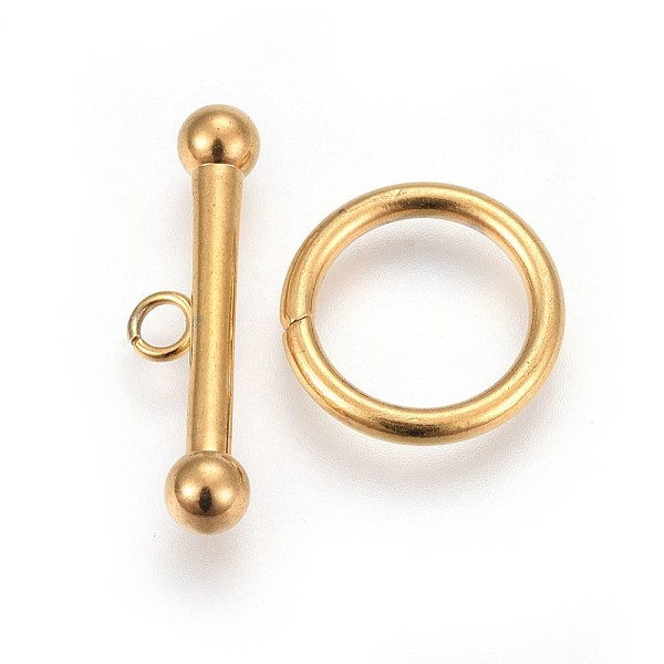 

PandaHall 304 Stainless Steel Toggle Clasps, Golden, about ring: 15x2mm, bar: 7x24x4.5mm, Hole: 2.3mm 304 Stainless Steel Ring