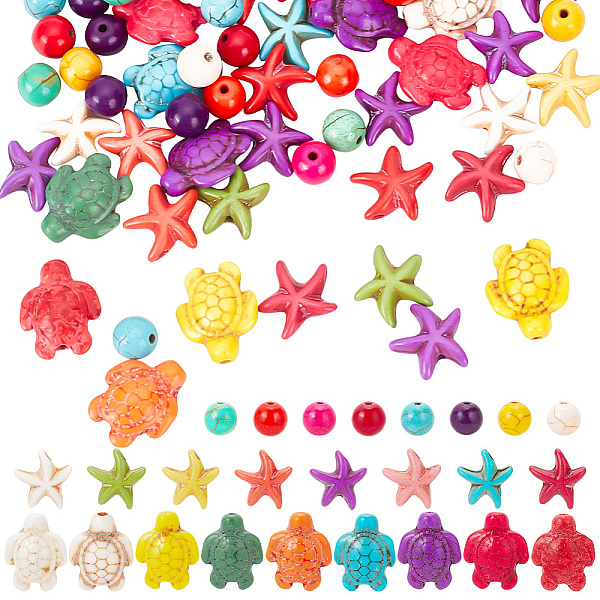 

PandaHall 6 Strands 3 Styles Synthetical Turquoise Beads Strands, Dyed, Starfish/Sea Stars, Turtle and Round, Mixed Color, 8~18.5x8~15mm..., Multicolor