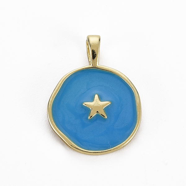 

PandaHall Brass Enamel Pendants, Cadmium Free & Nickel Free & Lead Free, Real 16K Gold Plated, Flat Round with Star, Steel Blue...