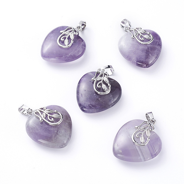 

PandaHall Natural Amethyst Pendants, with Platinum Tone Brass Ice Pick Pinch Bails, Heart, 31~32x25~26x11~12mm, Hole: 7x5mm Amethyst Heart