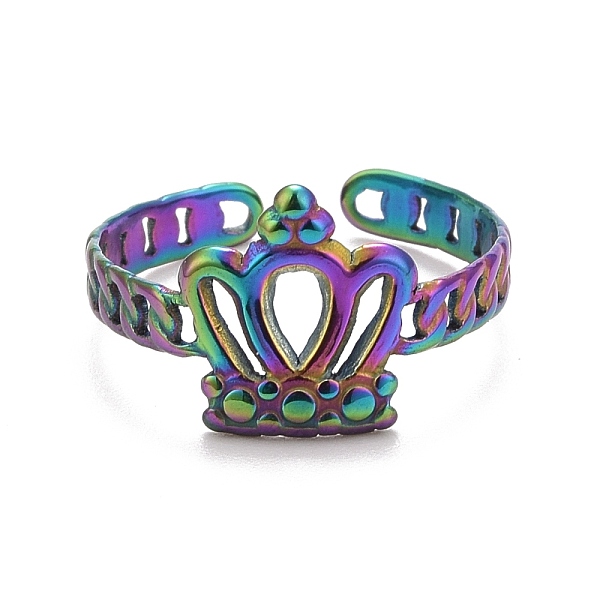 

PandaHall Rainbow Color Ion Plating(IP) 304 Stainless Steel Open Cuff Ring Findigns, Rings, Crown, US Size 7(17.3mm), Tray: 10x11mm 304...