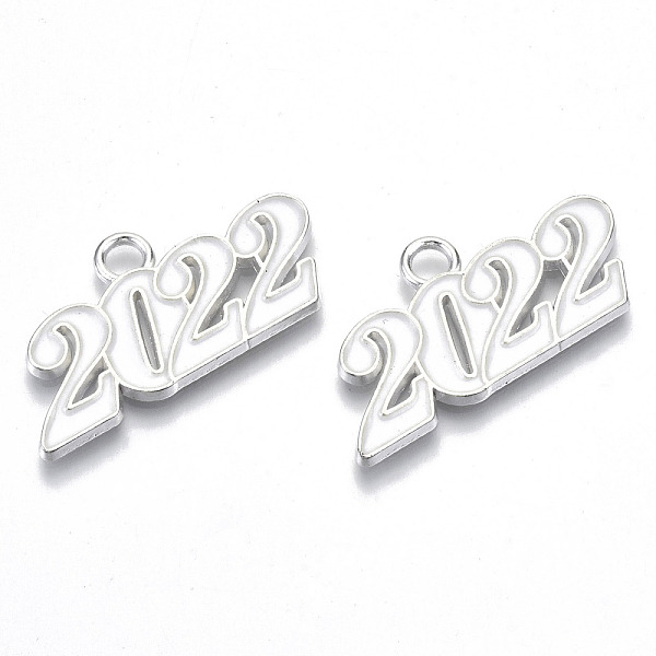 PandaHall Alloy Enamel Pendants, Cadmium Free & Lead Free, New Year 2022, Silver, White, 19x38x2mm, Hole: 4mm Alloy+Enamel Number White