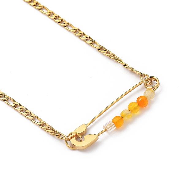 

PandaHall 201 Stainless Steel Safety Pins Pendant Necklaces, with Natural Agate Beads, 304 Stainless Steel Figaro Chains and Plastic Ear..., Gold
