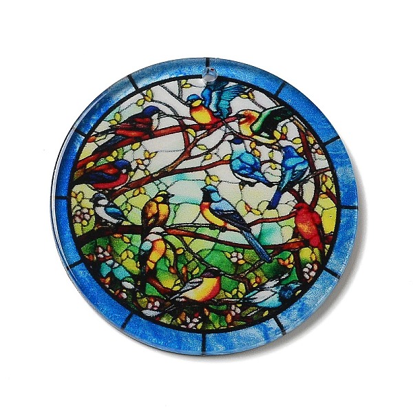 

PandaHall Opaque Acrylic Pendants, Flat Round with Bird, Dodger Blue, 37.5~38x2mm, Hole: 1.6mm Acrylic Flat Round