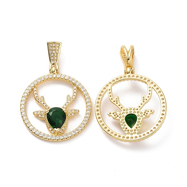 

PandaHall Brass Micro Pave Cubic Zirconia Pendants, Round Ring with Deer Head Charms, Golden, Green, 33.5x30x5.5mm, Hole: 3.5x8mm...