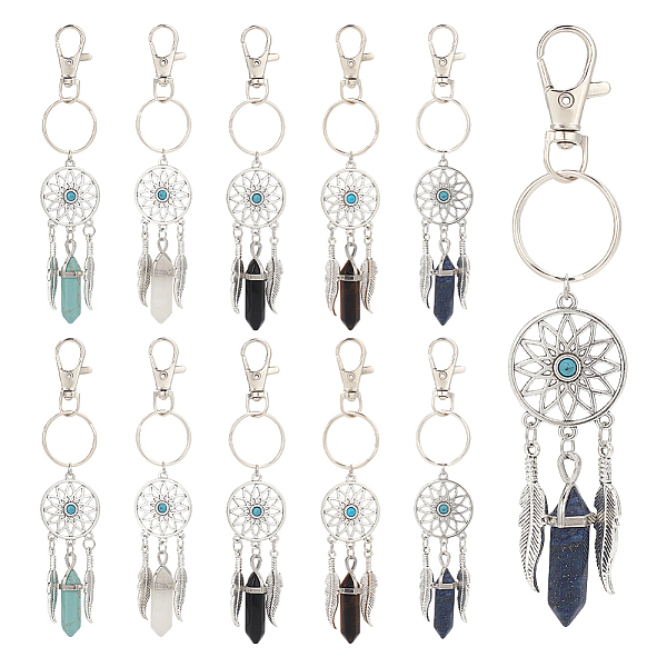 

PandaHall 10Pcs Woven Net/Web with Feather Alloy Pendant Decorations, with Natural Double Terminated Pointed Gemstone Charms, Antique...