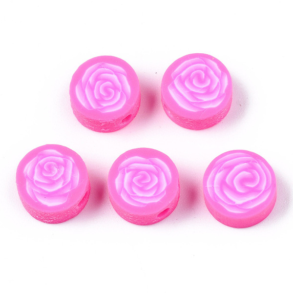 PandaHall Handmade Polymer Clay Beads, for DIY Jewelry Crafts Supplies, Flat Round with Flower, Pearl Pink, 9.5x3.5~5mm, Hole: 1.8mm Polymer...