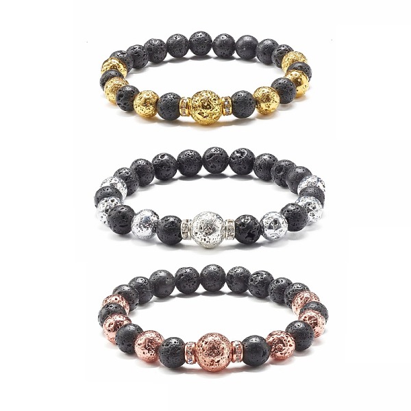 

PandaHall Electroplated Natural Lava Rock Round Beads Essential Oil Anxiety Aromatherapy Bracelets, Brass Rhinestone Beads Stretch Bracelets...
