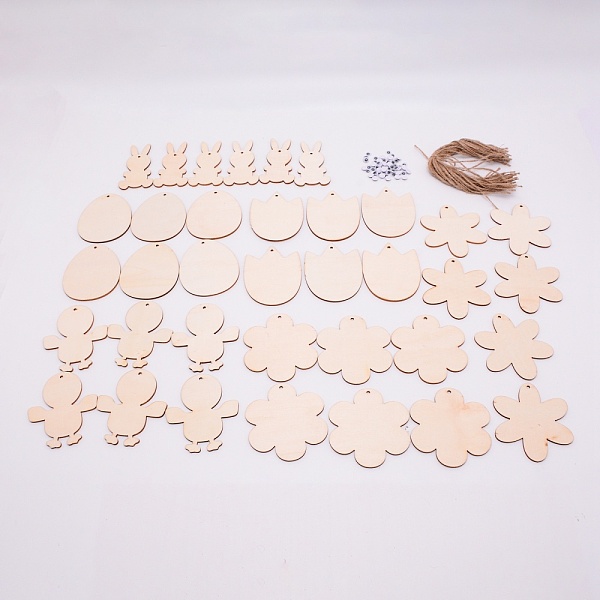 PandaHall Wooden Cutouts Ornaments, with Jute Twine, Easter Hanging Decorations, for Party Gift Home Decoration, Mixed Shapes, BurlyWood...