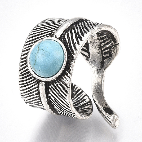 

PandaHall Alloy Cuff Finger Rings, with Synthetic Turquoise, Wide Band Rings, Feather, Antique Silver, US Size 8 1/2(18.5mm) Alloy