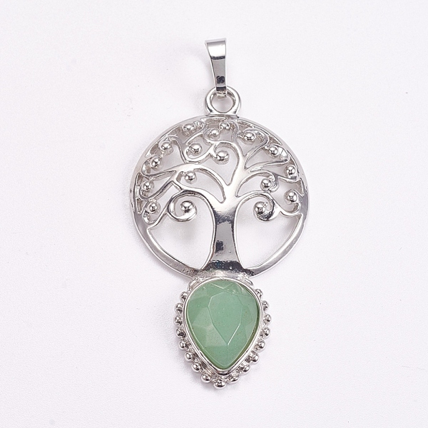 

PandaHall Brass Pendants, Natural Green Aventurine, Faceted, Hollow Flat Round with Tree of Life and Teardrop, Platinum, 49x27x6mm Green...