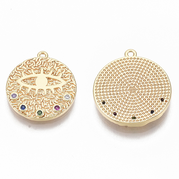 

PandaHall Brass Micro Pave Cubic Zirconia Pendants, Nickel Free, Flat Round with Eye, Real 18K Gold Plated, Colorful, 21.5x20x2.5mm, Hole...