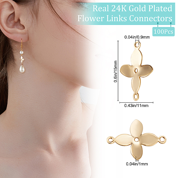 

PandaHall Beebeecraft 100Pcs Brass Connector Charms, Flower Links, Long-Lasting Plated, Real 24K Gold Plated, 11x15x1mm, Hole: 0.9mm...