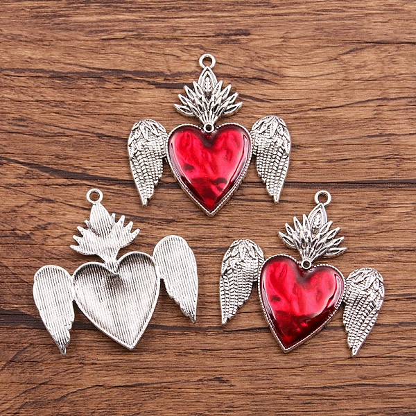 

PandaHall Alloy Enamel Pendants, Antique Silver, Heart with Wing Charm, Red, 43x42mm Alloy+Enamel Heart Red