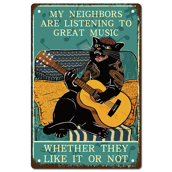 PandaHall CREATCABIN Cat Guitar Metal Tin Sign Rock Music Iron Sign Posters Retro Vintage Waterproof My Neighbors are Listening to Great...