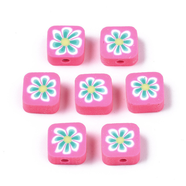 PandaHall Handmade Polymer Clay Beads, for DIY Jewelry Crafts Supplies, Square with Flower, Turquoise, 9~9.5x9.5x4~4.5mm, Hole: 1.8mm...