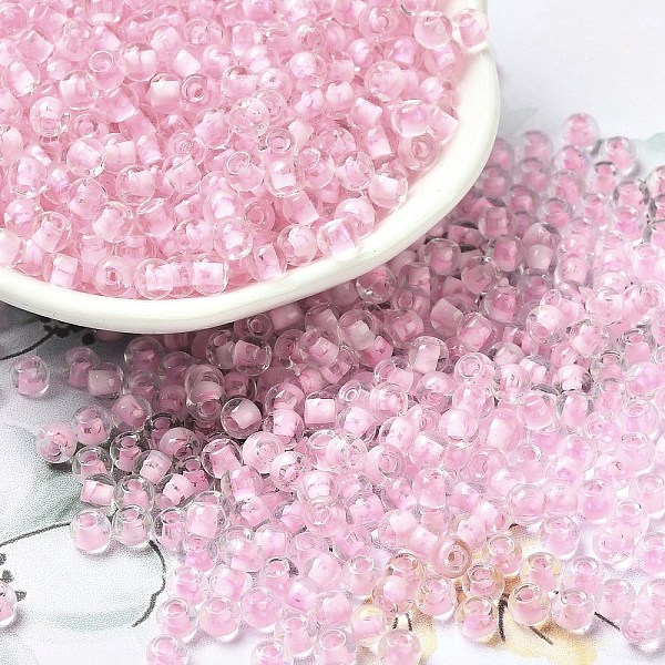 

PandaHall Transparent Glass Round Seed Beads, Inside Colours, Round, Pearl Pink, 6/0, 4x3mm, Hole: 1.2mm, about 7258pcs/pound Glass