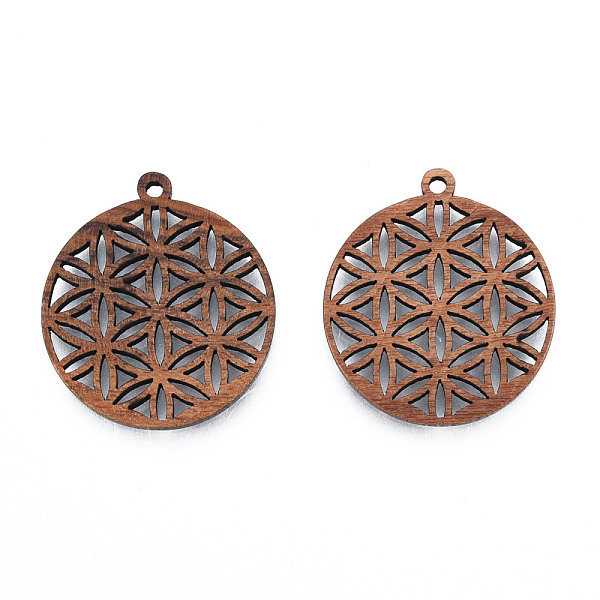

PandaHall Natural Walnut Wood Pendants, Undyed, Hollow Flat Round Charm with Flower, Camel, 29x26x2.5mm, Hole: 1.8mm Wood Flower Brown