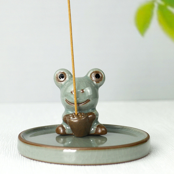 

PandaHall Porcelain Incense Burners, Flat Round with Frog Incense Holders, Home Office Teahouse Zen Buddhist Supplies, Dark Sea Green...