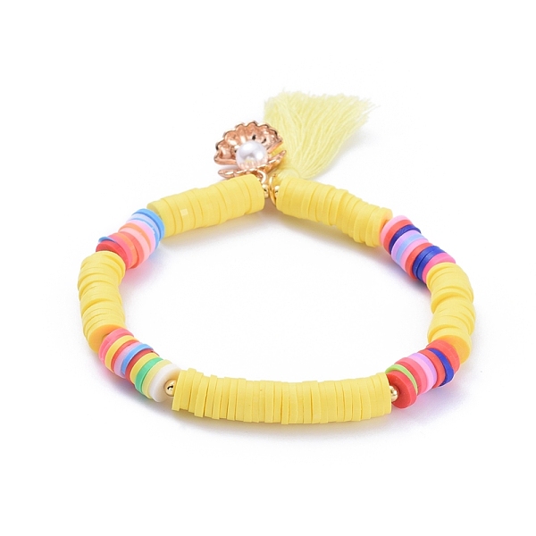 

PandaHall Handmade Polymer Clay Heishi Beads Stretch Bracelets, with Cotton Thread Tassel Pendants and Alloy Charms, Shell with Pearl Shape..., Yellow