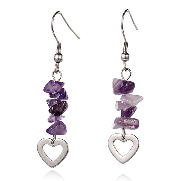 

PandaHall Heart Natural Amethyst Dangle Earrings, with 304 Stainless Steel Earring Hooks, 52mm, Pin: 0.6mm Amethyst Purple