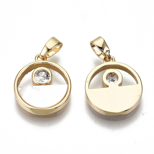 

PandaHall Natural Sea Shell Pendants, with Brass Snap On Bails and Clear Cubic Zirconia, Nickel Free, Flat Round, Real 18K Gold Plated..., White