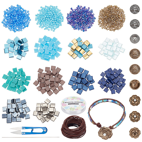 

PandaHall DIY Tile Bracelet Making Kit, Including Glass Seed Beads, Rose & Tree of Life Alloy Buttons, Cowhide Leather Cord, Elastic Thread..., Blue