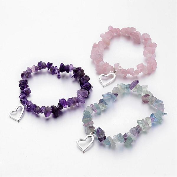 

PandaHall Alloy Charm Bracelets, Heart, with Natural Mixed Stone Chip Beads and Elastic Crystal Thread, Silver Color Plated, 2-1/4 inch...