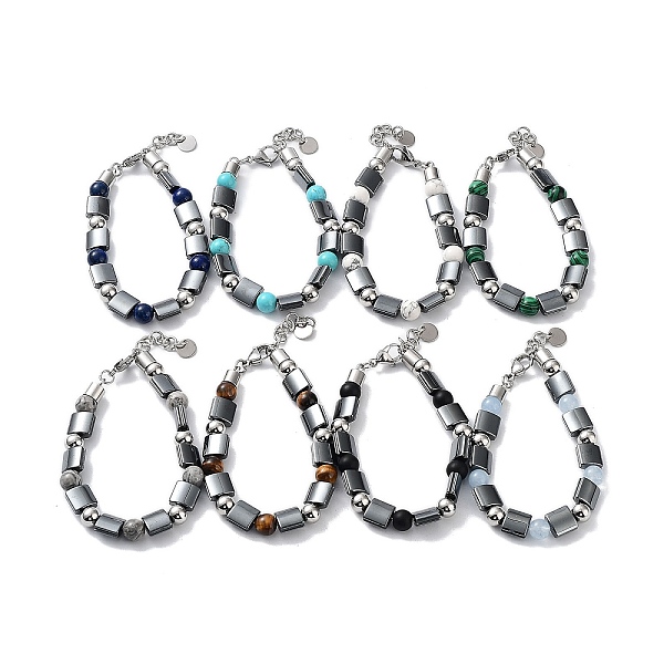 

PandaHall Synthetic Non-magnetic Hematite Beaded Bracelets, Mixed Gemstone Round Bead 201 Stainless Steel Bracelets for Women, 9-1/4 inch...