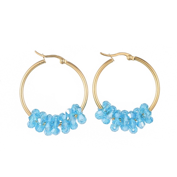 

PandaHall 304 Stainless Steel Hoop Earrings, with Faceted Glass Beads, Golden, Deep Sky Blue, 12 Gauge, 42x33x2mm, Pin: 0.8x1.2mm Glass Blue